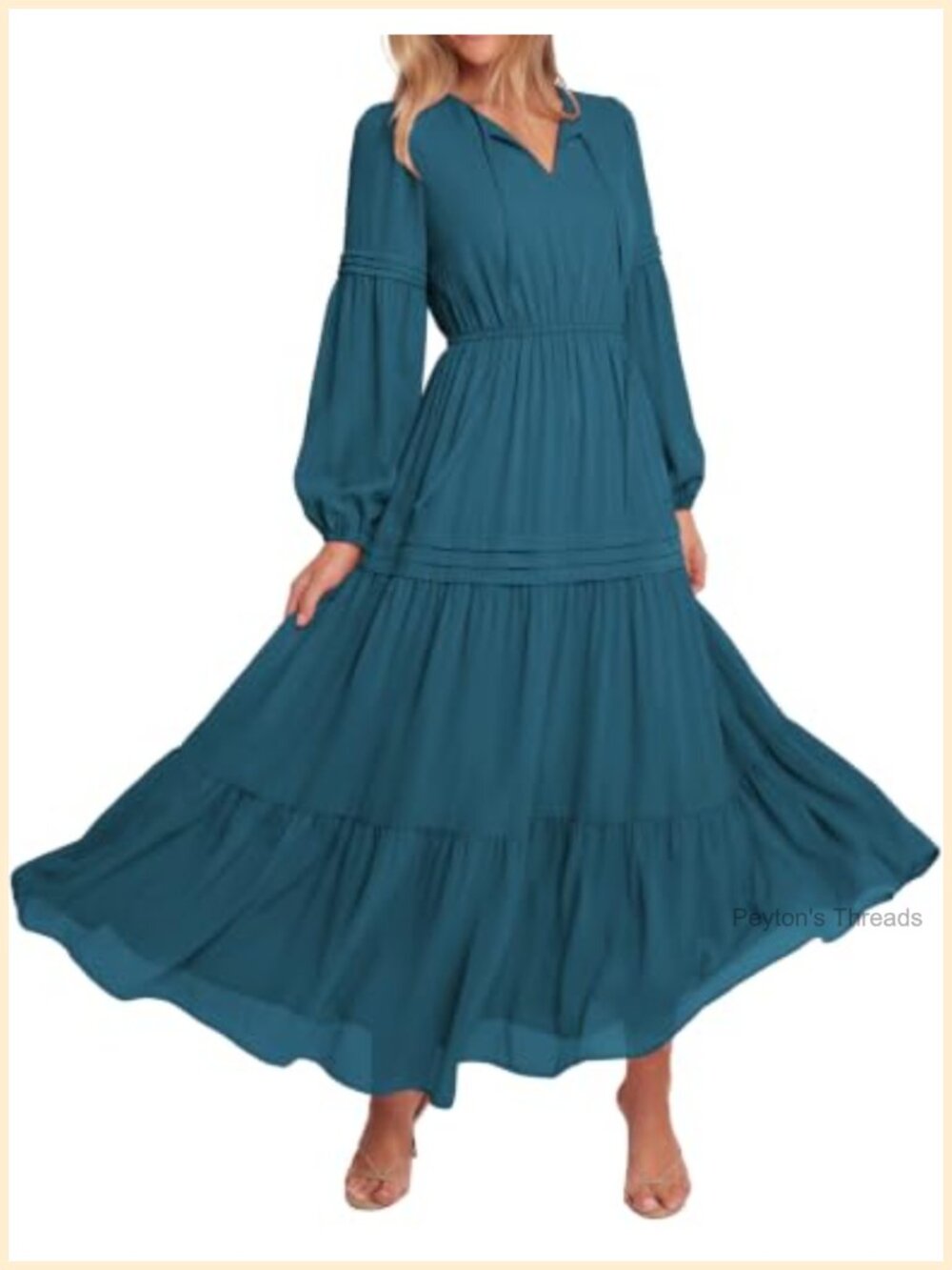 Women's Long Sleeve Maxi Dress Boho Flowy Wedding Guest Lantern Sleeve V-Neck
